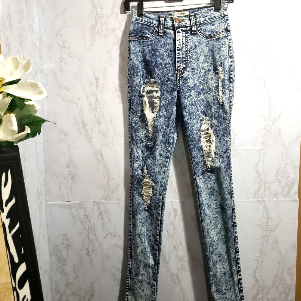 Vibrant High Waist Acid Wash Distressed Jeans